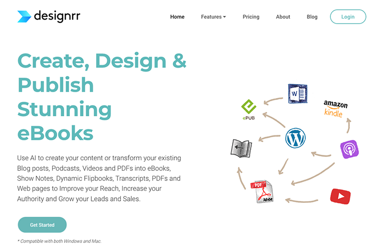 Designrr homepage showcasing features to create, design, and publish eBooks, compatible with various formats and platforms.