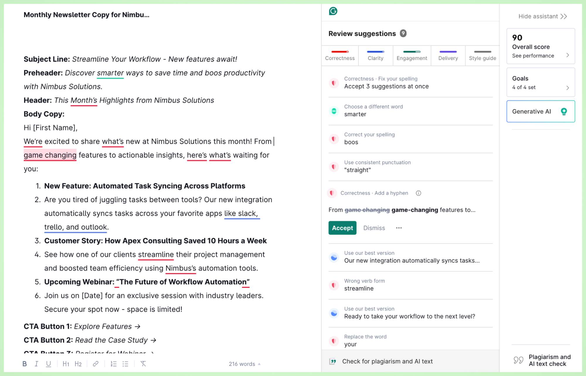 Email content Grammarly interface