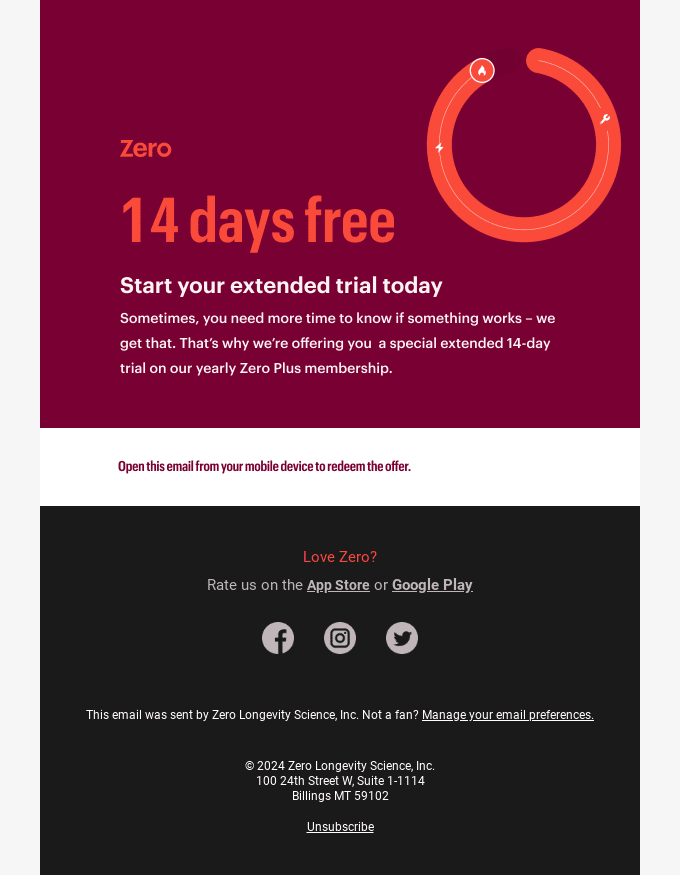 Email content Zero trial promotion