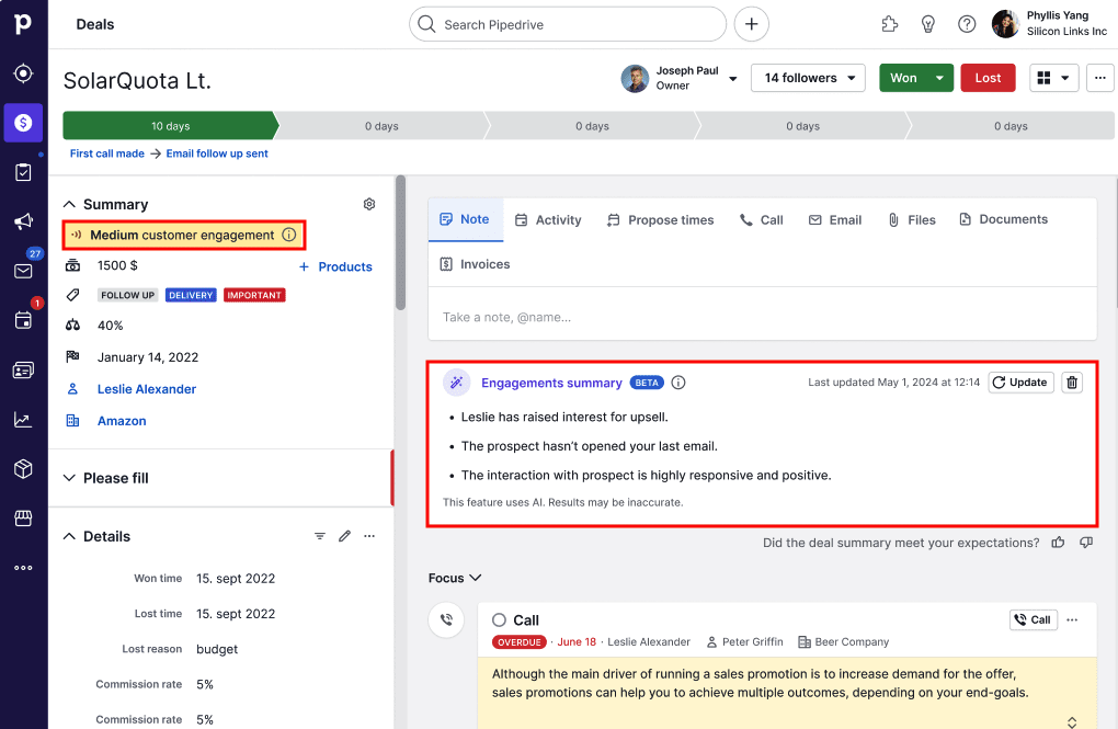 Engagement score Pipedrive summary