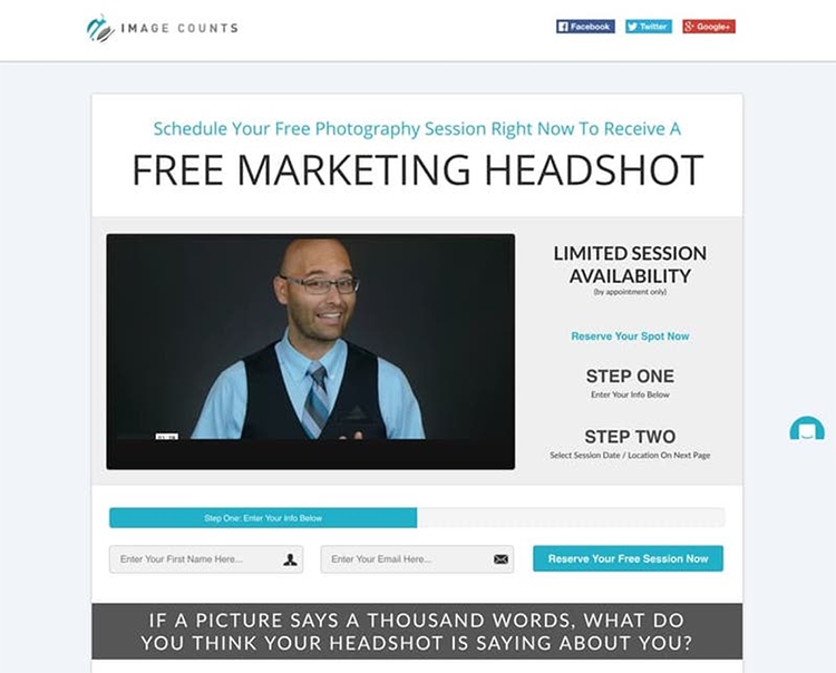 Website offering free marketing headshots with a step-by-step guide to reserve a session.