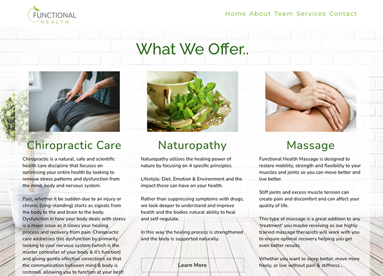 Functional Health website section describing services: Chiropractic, Naturopathy, and Massage, with images of a chiropractor, herbal tea, and a relaxing massage session.