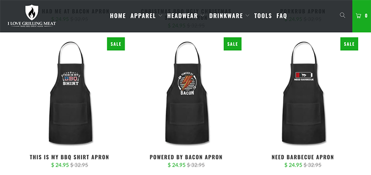 Three black aprons are displayed for sale; each with different barbecue-themed designs and discounted prices.