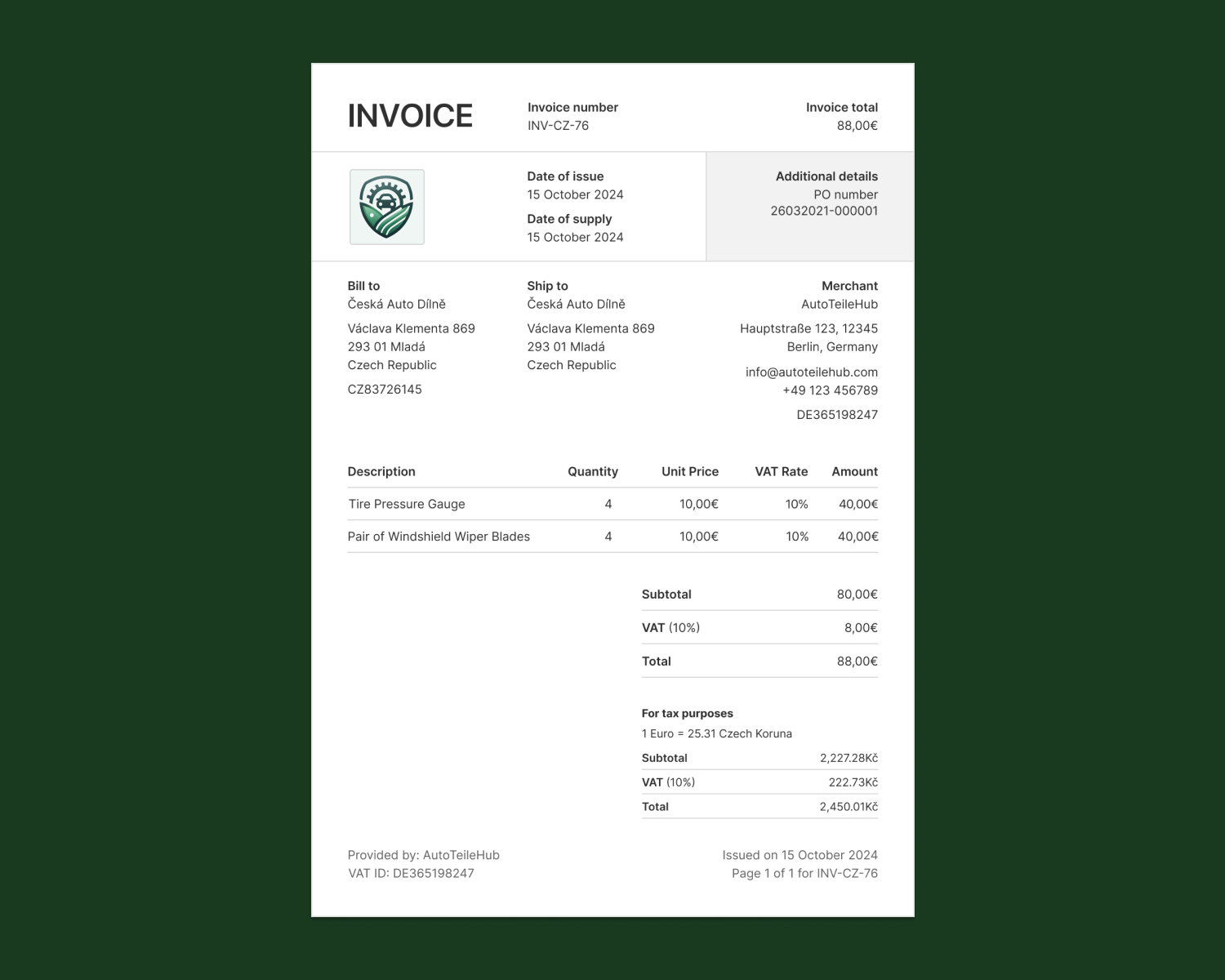 Example of a Shopify Tax invoice based on an order from Germany.