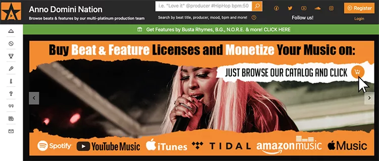 A website homepage advertising beat and feature licenses for musicians, with a person holding a microphone and logos of various music platforms like Spotify, Apple Music, and Amazon Music.