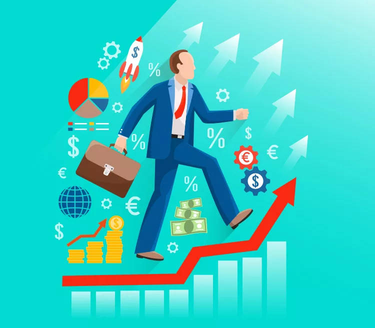 Illustration of a person in a suit climbing a rising graph, surrounded by money symbols, charts, and arrows, signifying financial growth and success.