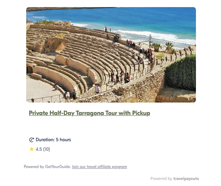 Ancient amphitheater near the sea with visitors walking around. Text indicates a private half-day tour in Tarragona with a 4.5-star rating. Duration: 5 hours.