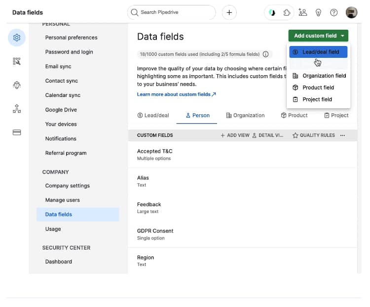 Project report Pipedrive custom field