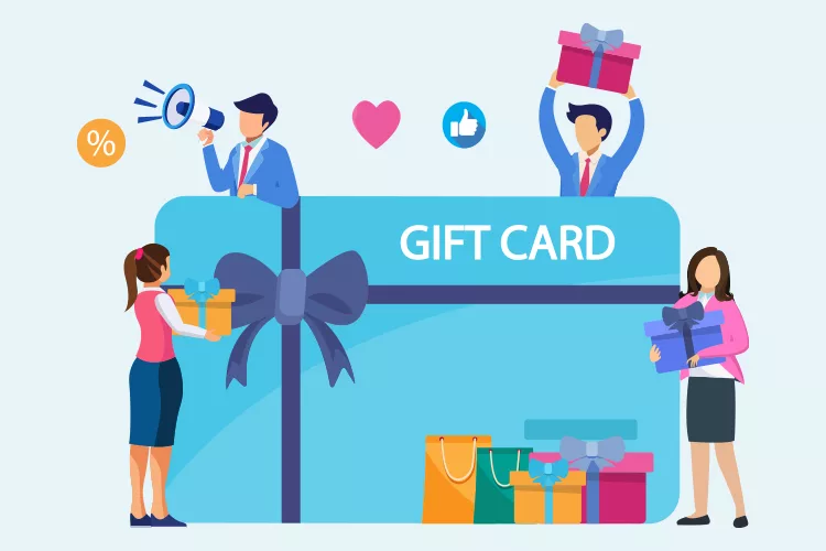 Illustration of three people holding gift boxes around a giant gift card. Shopping bags and icons like a heart and thumbs up are also present.