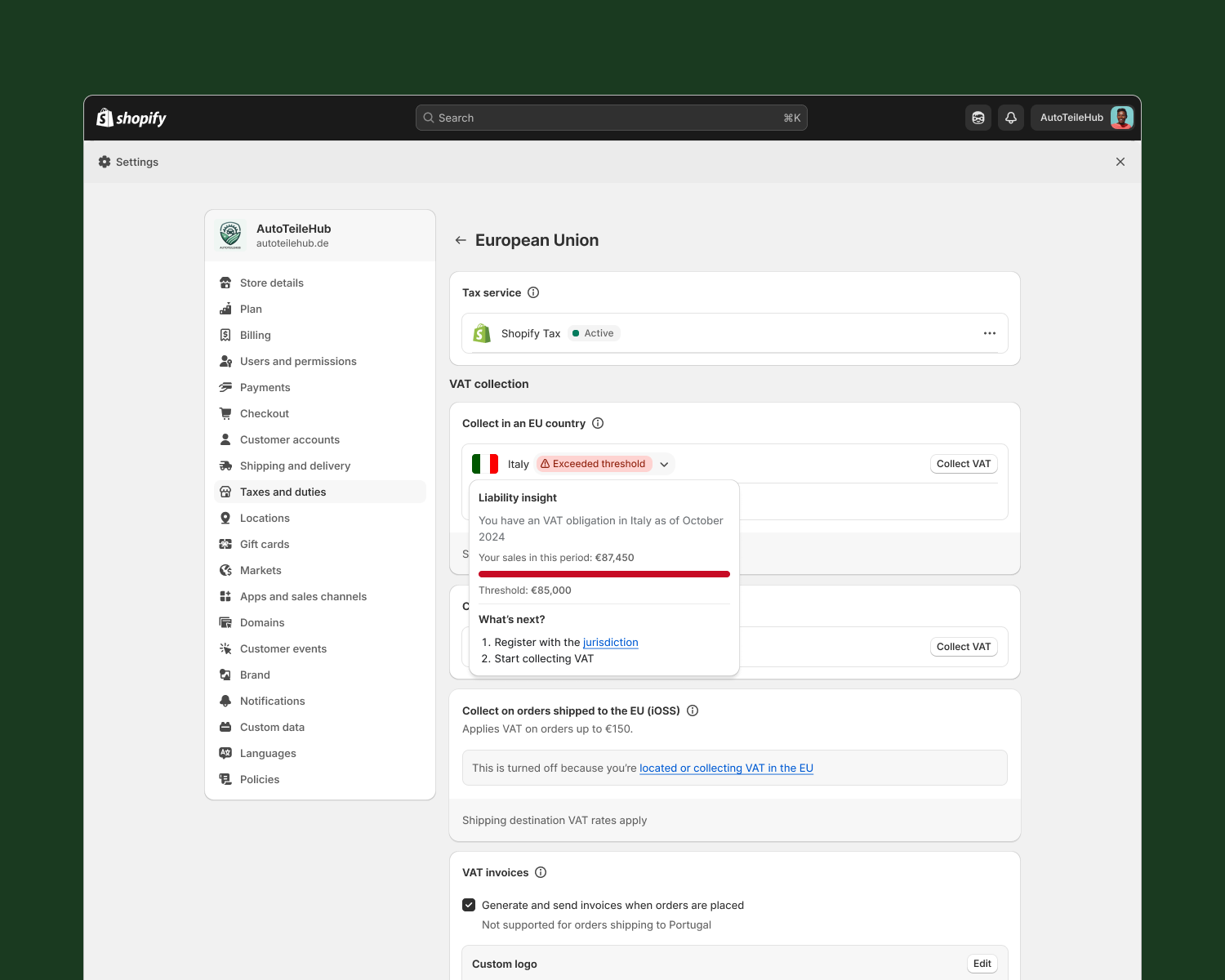 Example of tax liability insights dashboard within the Shopify admin