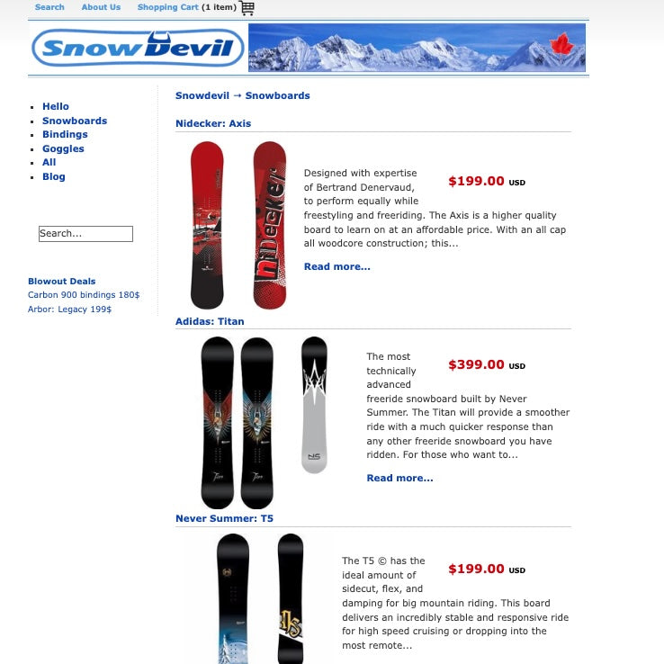 A screen capture of Snowdevil’s online snowboarding merchandise from 2004.