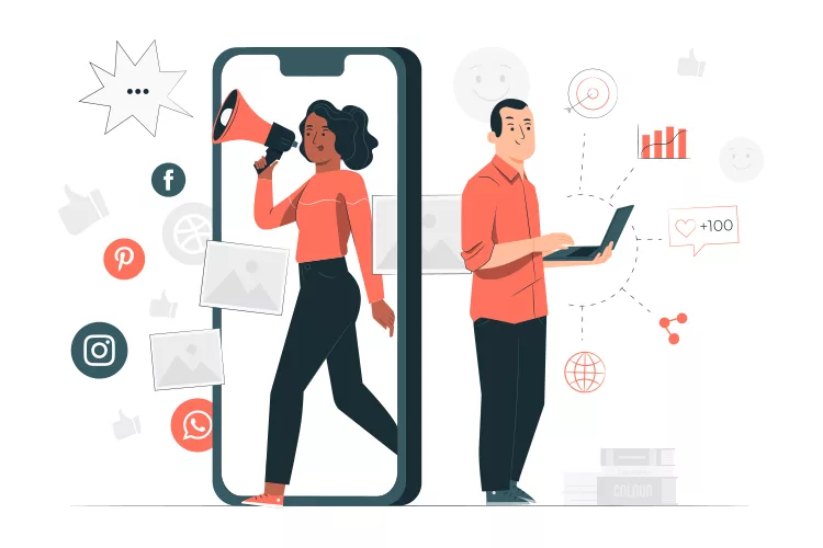 Illustration of a woman walking with a megaphone out of a smartphone and a man using a laptop. Social media icons and graphs surround them, symbolizing online communication and marketing.