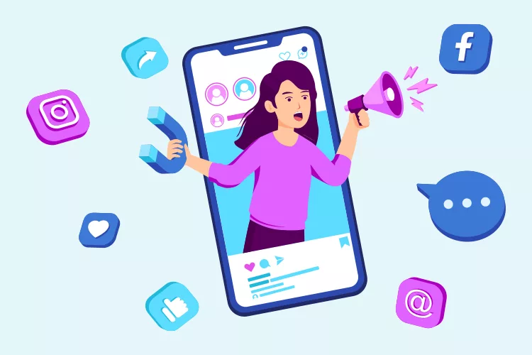 Illustration of a woman with a megaphone and magnet emerging from a phone screen, surrounded by social media icons like Facebook, Instagram, and various symbols.