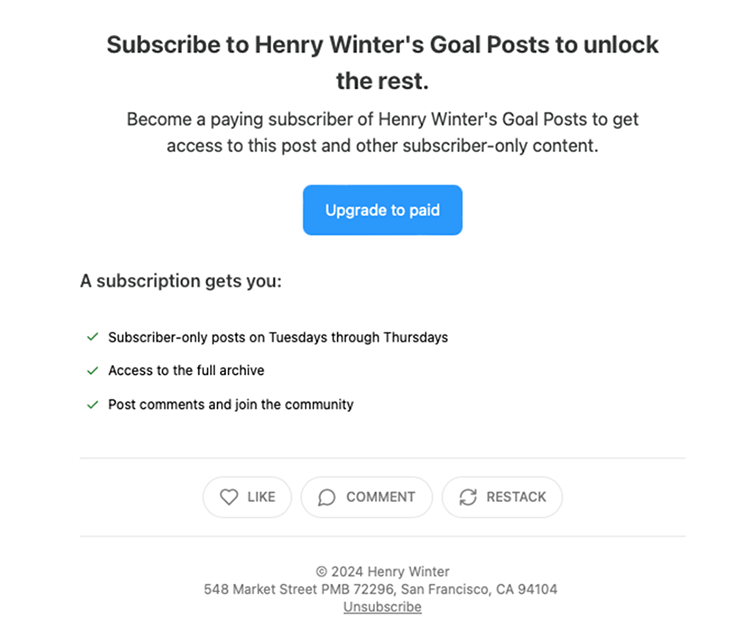 Subscription offer for Henry Winter's Goal Posts, including subscriber-only content, access to archives, and community interaction. Includes options to like, comment, and restack.