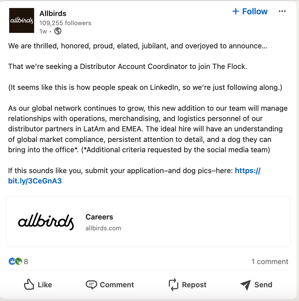 A LinkedIn post by Allbirds looking to hire a distributor account coordinator.