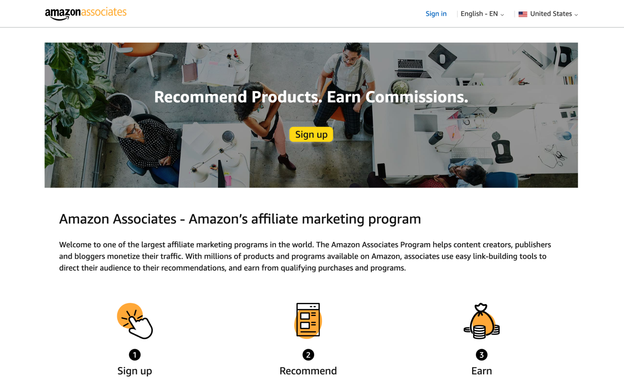 The Amazon Associate’s homepage shows a three-step process for affiliates to sign up