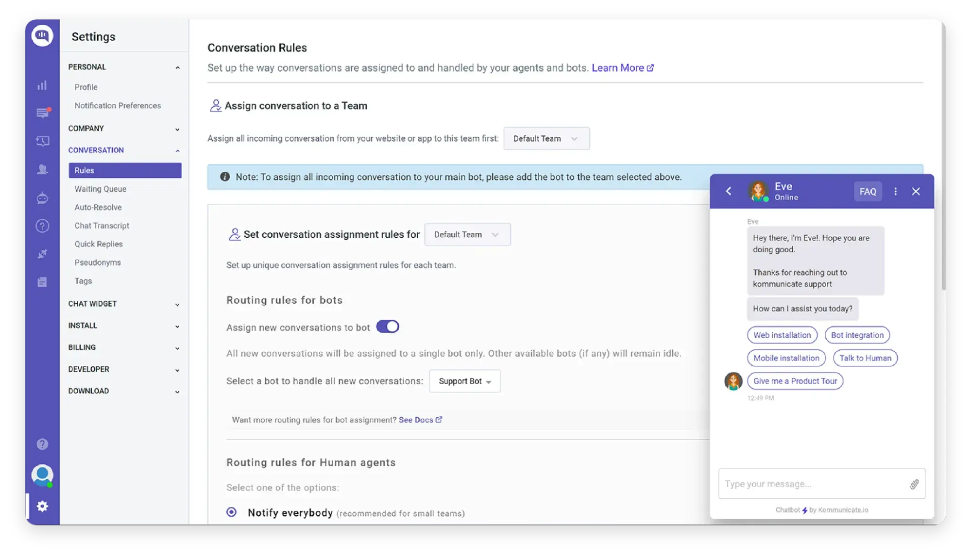 screenshot of kommunicate ai chatbot builder