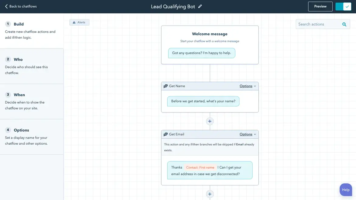 hubspot chatbot builder interface showing a lead-qualifying bot flow with steps for name and email collection.