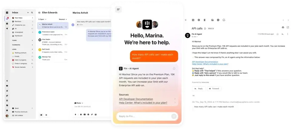 screenshot of intercom fin 2 in action, with examples of an ai chatbot response, email interaction, and user interface for managing customer inquiries