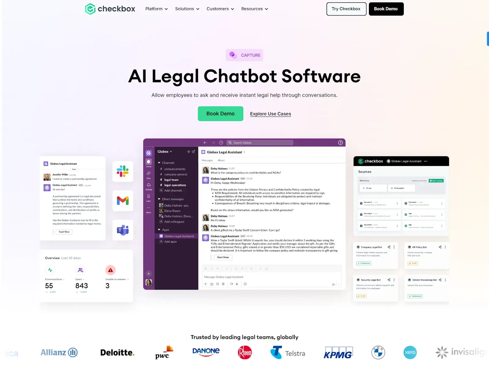 screenshot of checkbox's ai legal chatbot software interface, showing features like real-time legal assistance, multi-platform integration, and automated workflows.