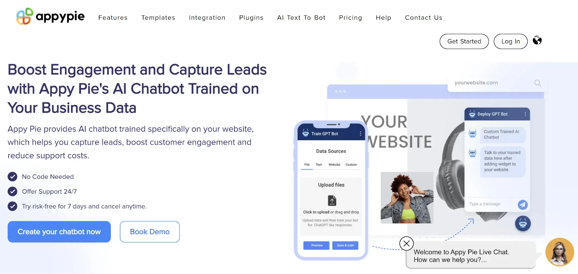 appy pie ai chatbot builder homepage showing interface showcasing data training options and live chat features.