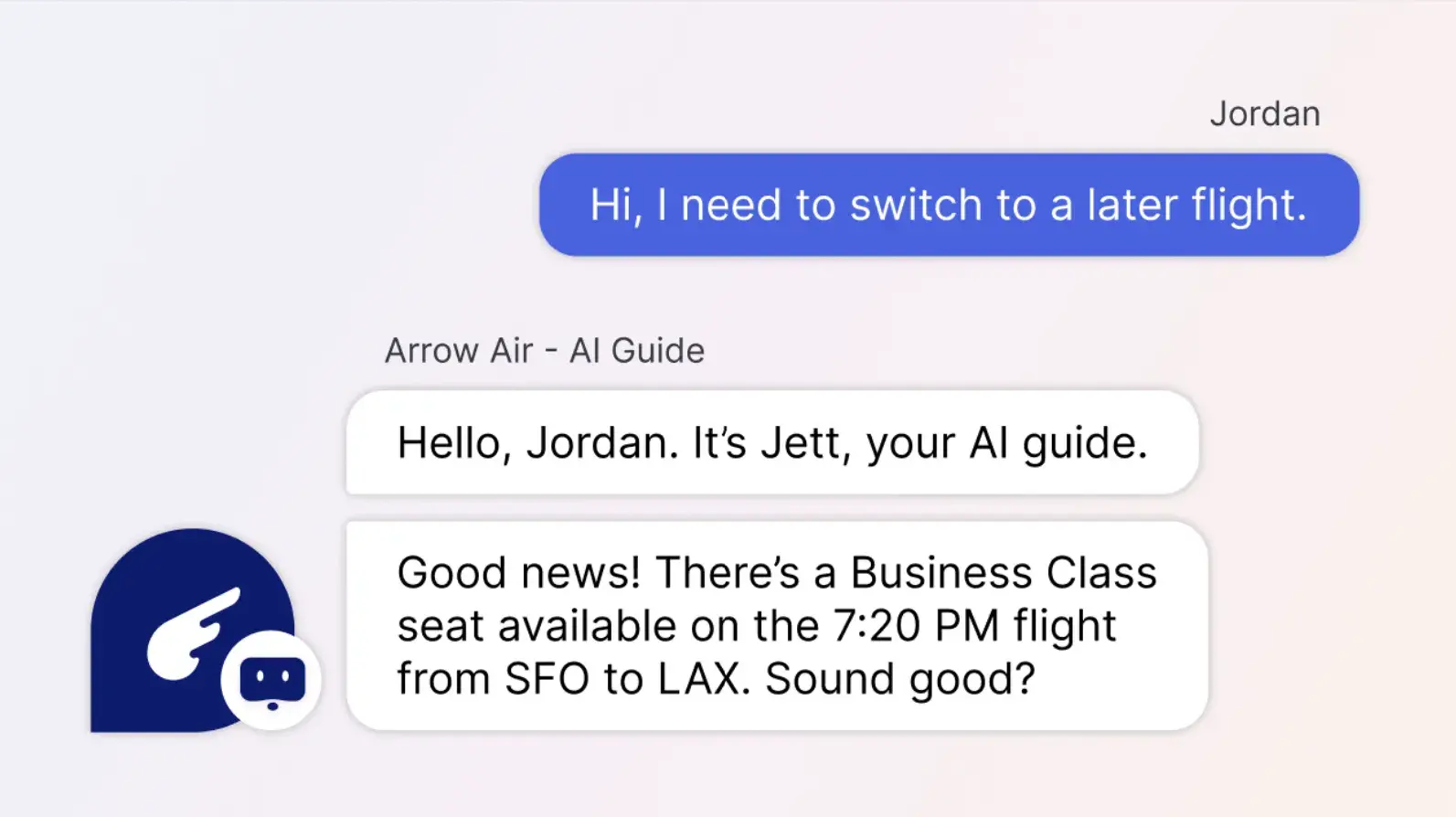 ai chatbots: liveperson ai chatbot assisting a user in switching to a later flight with personalized options.