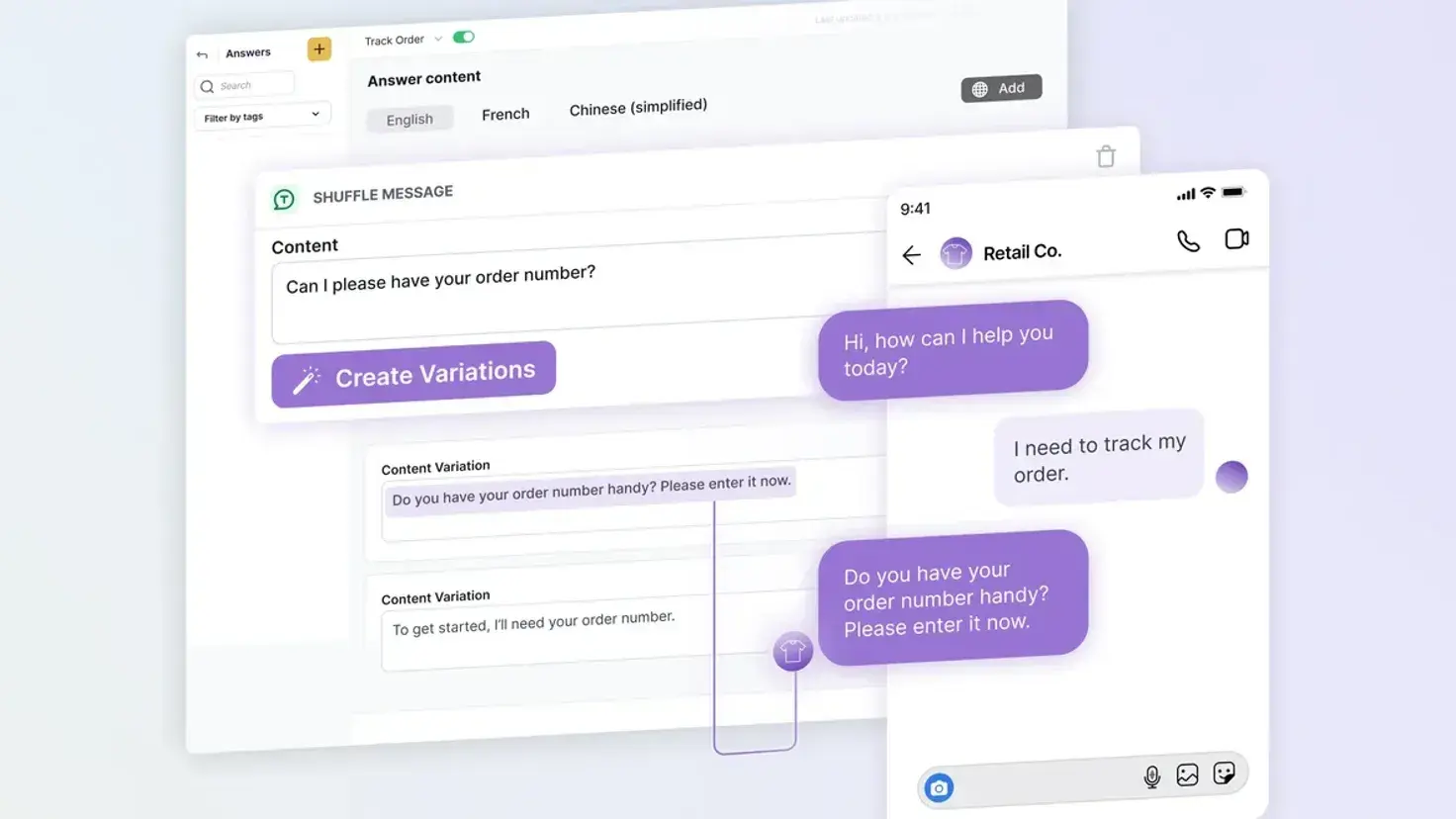 screenshot of ada's ai chatbot interface showcasing multilingual support, customizable responses, and conversational variations.