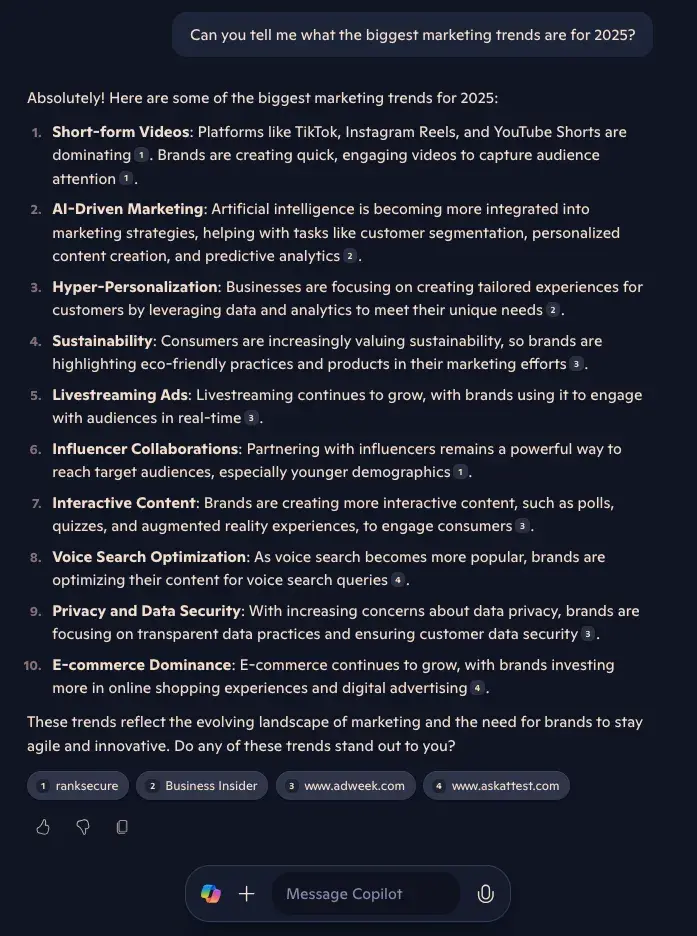 screenshot of microsoft copilot responding to a prompt about 2025 marketing trends.