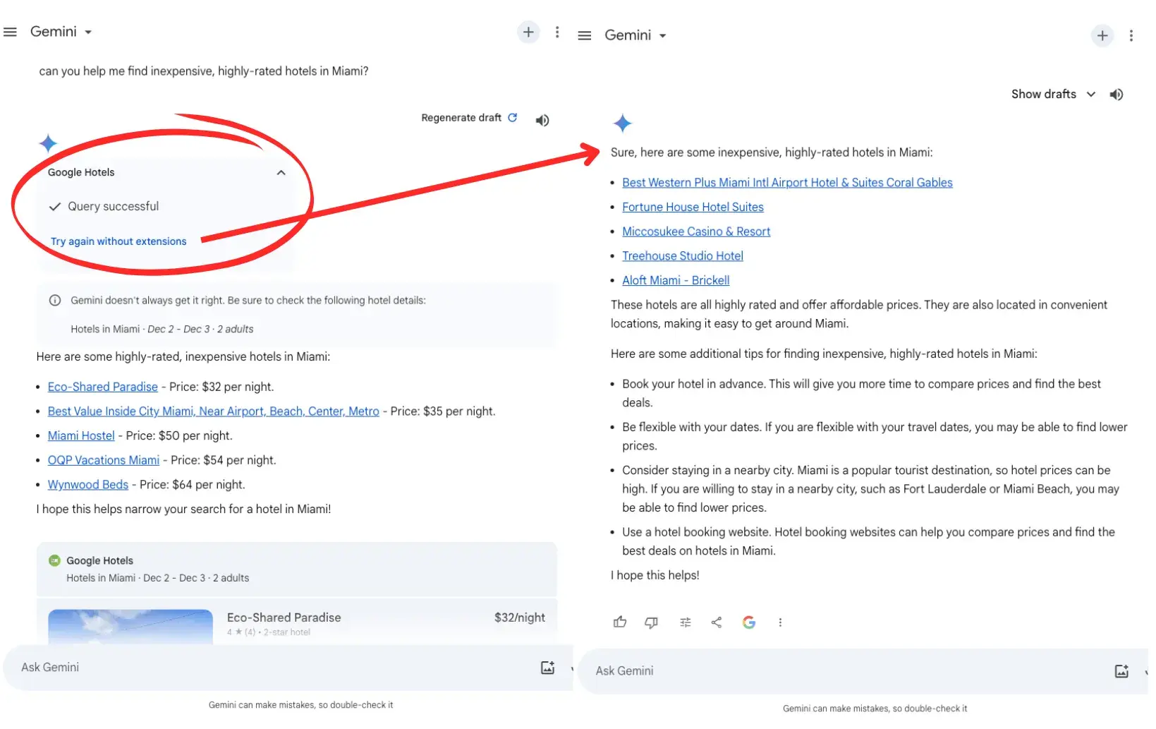 two side-by-side screenshots of google gemini answering questions about finding hotels in miami