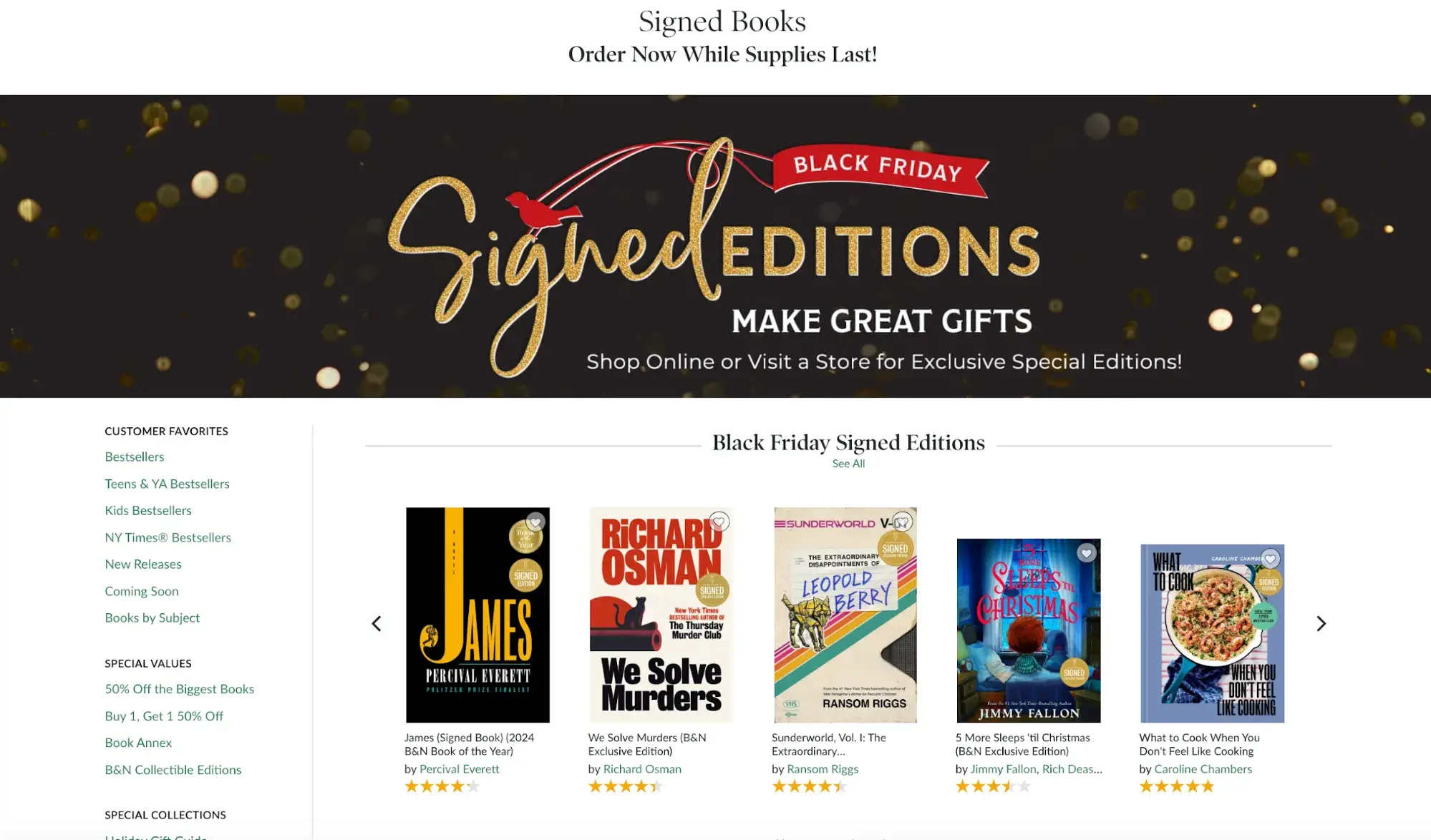 Screencap of Barnes & Noble’s website. “Black Friday signed editions make great gifts.”