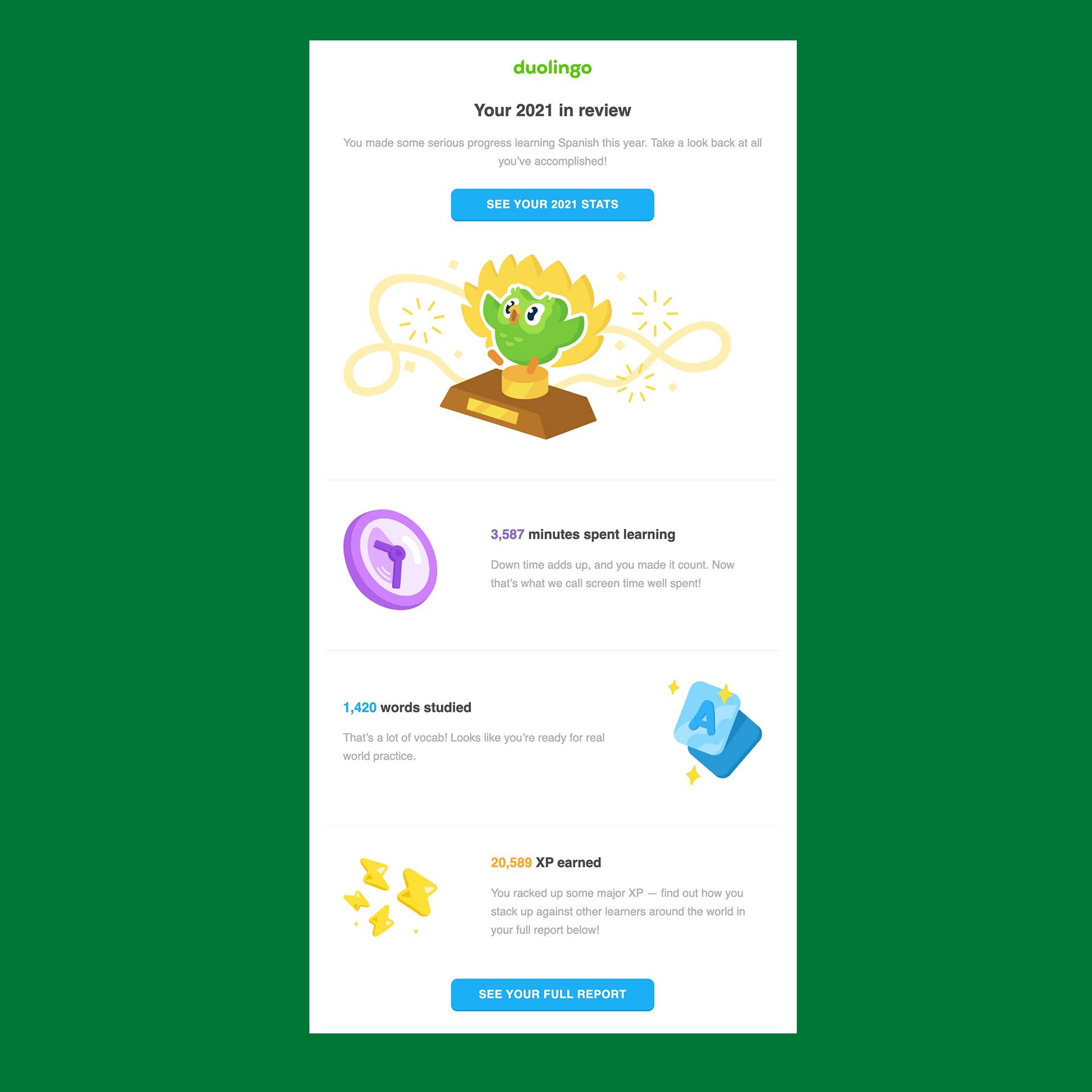 end-of-year email examples Duolingo year review