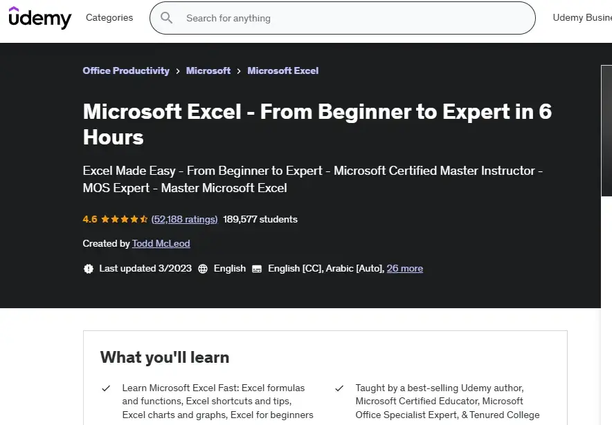 udemy’s microsoft excel from beginner to expert in 6 hours, excel resources