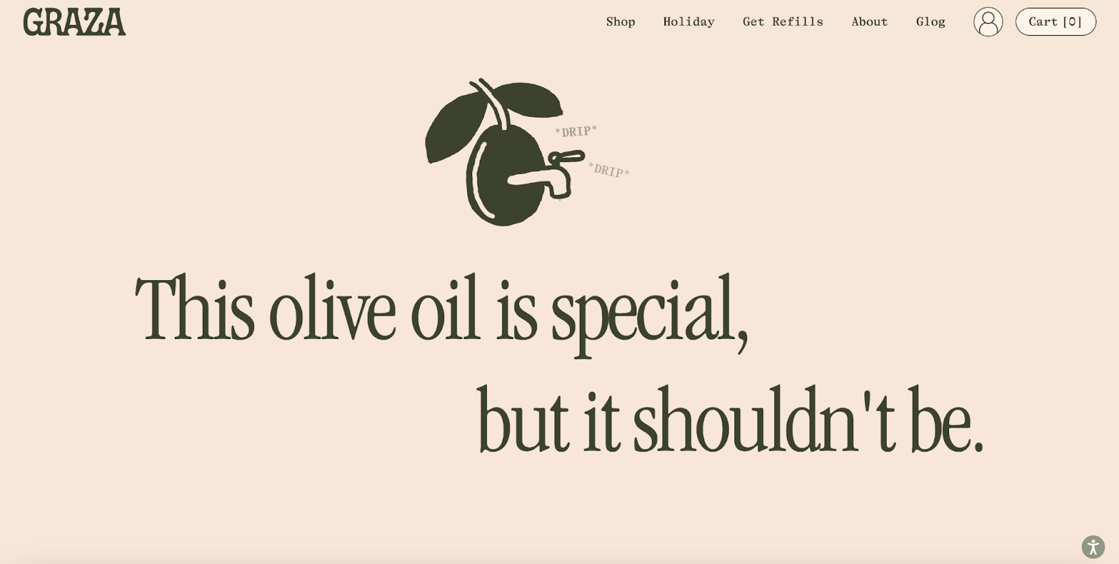 Olive oil company Graza prioritizes cognitive ease with its minimal yet informative homepage.