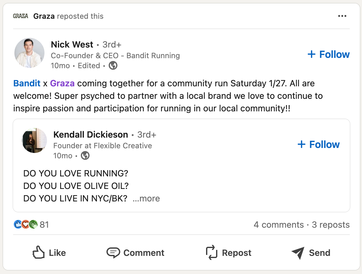 Graza LinkedIn repost of Bandit’s announcement of a co-hosted run in New York City.