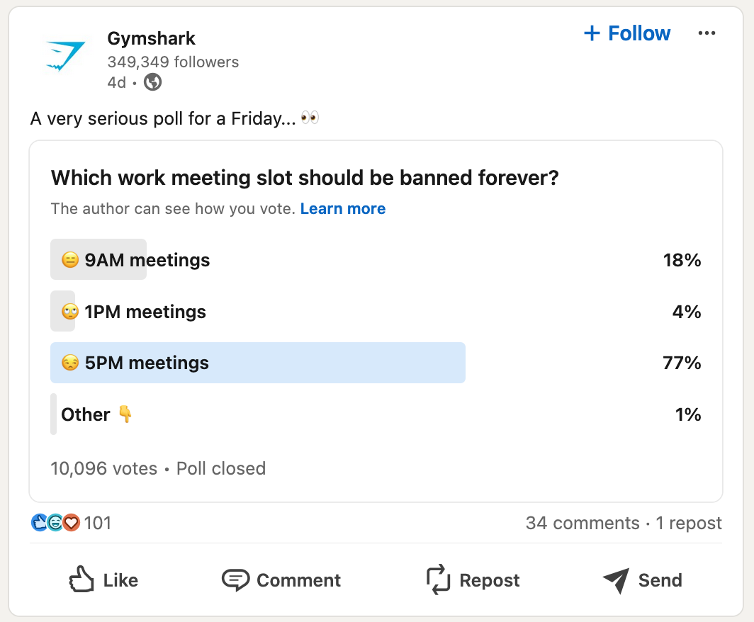 Gymshark LinkedIn poll asking which work meeting time slot should be banned forever.