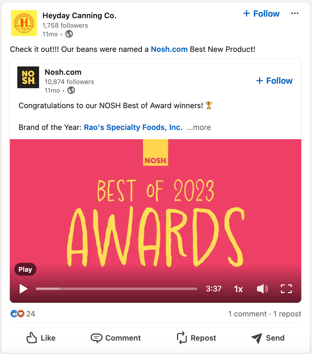 Heyday Canning Co. post about winning Nosh.com’s 2023 Best New Product Award.