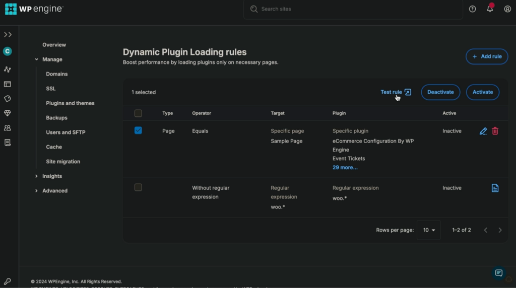 Dynamic plugin loading rules page in WP Engine User Portal