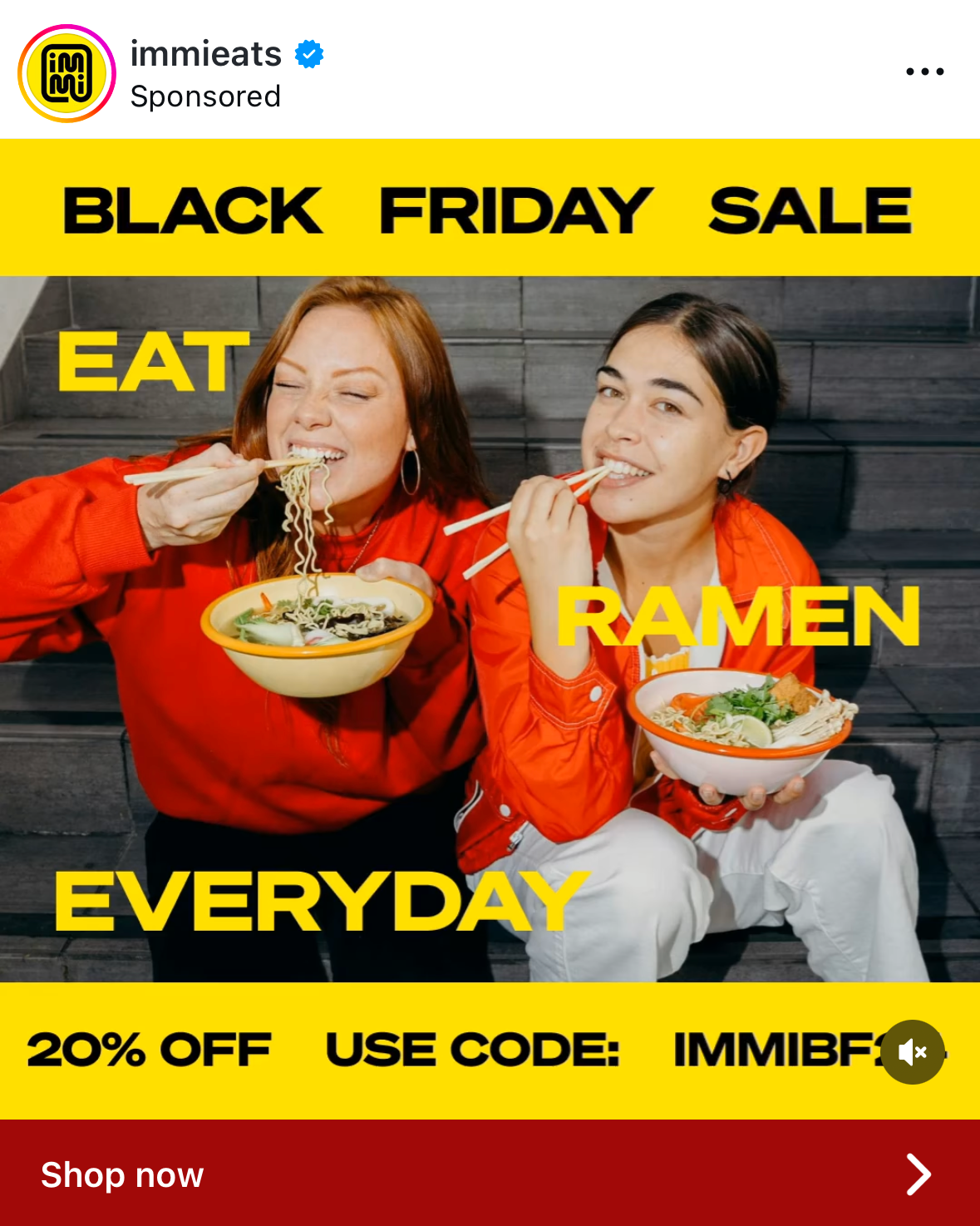 Immie Eats’ Instagram ad has a red “Shop now” banner below the image.