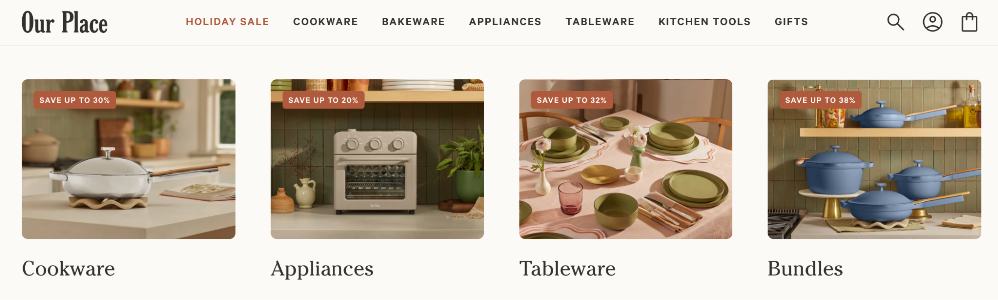 Four homeware images on the Our Place homepage include pans, tableware, and appliances.