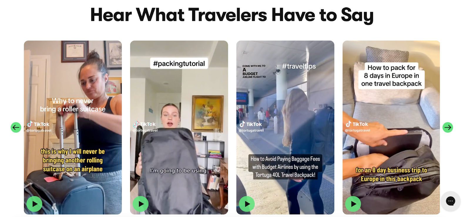 Screenshot from Tortuga’s website showing shoppable user-generated TikTok videos of its product.