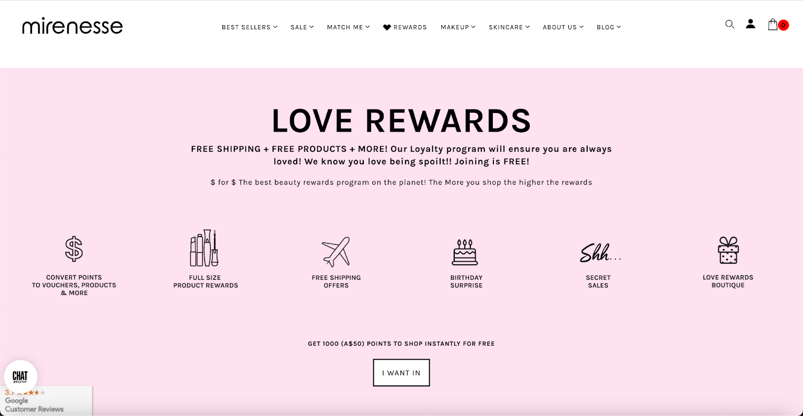 A pink banner ad for Mirenesse’s Love Rewards program.