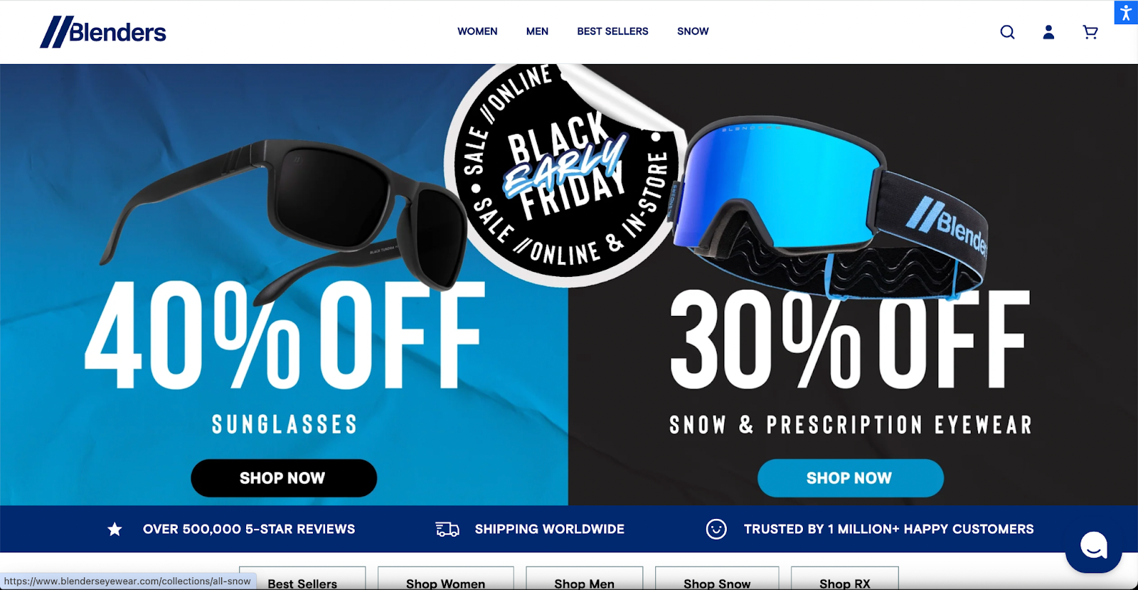 Banner ad for Blenders Eyewear featuring promotions for 40% off sunglasses and 30% off snow and prescription eyewear.