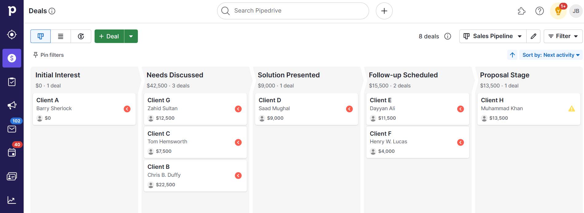 Feedback tracker Pipedrive pipeline view