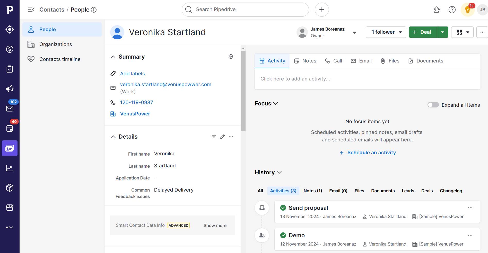 Feedback tracker Pipedrive contact management