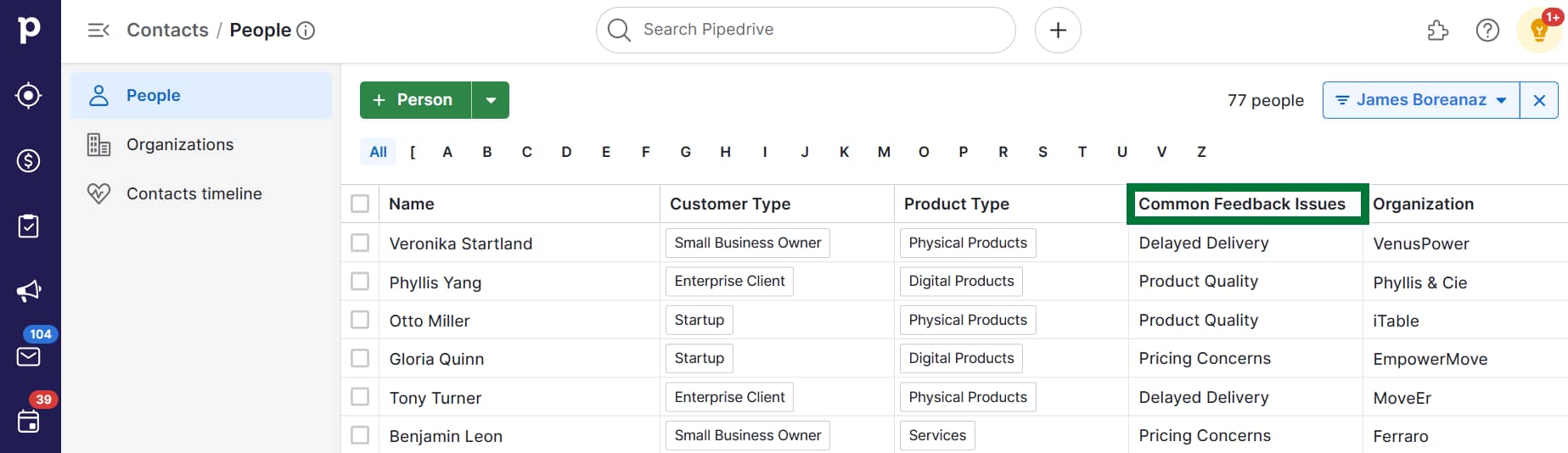 Feedback tracker Pipedrive issues list