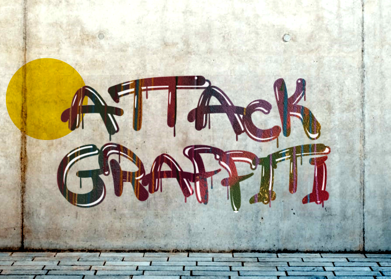 In a rainbow gradient, “Attack Graffiti” is written in the font of the same name on a concrete wall.