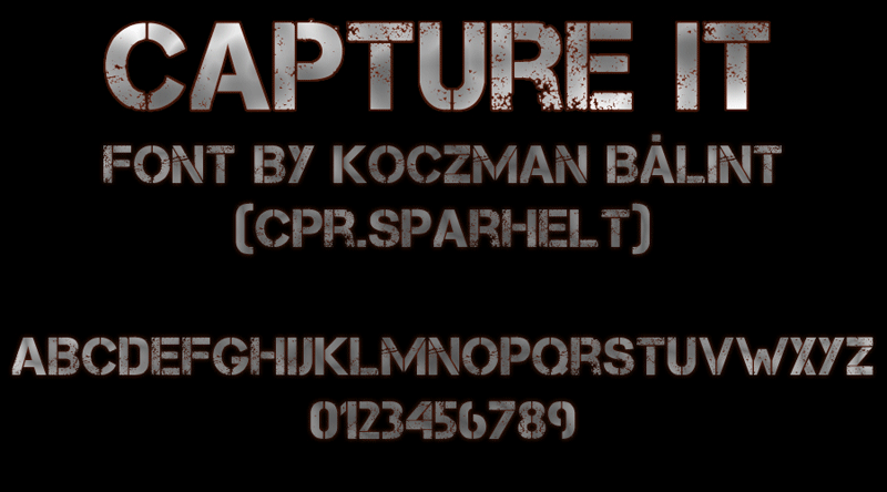 The words “CAPTURE IT, FONT BY KOCZMAN BALINT” above an alphabet, all written in the “CAPTURE IT” font.