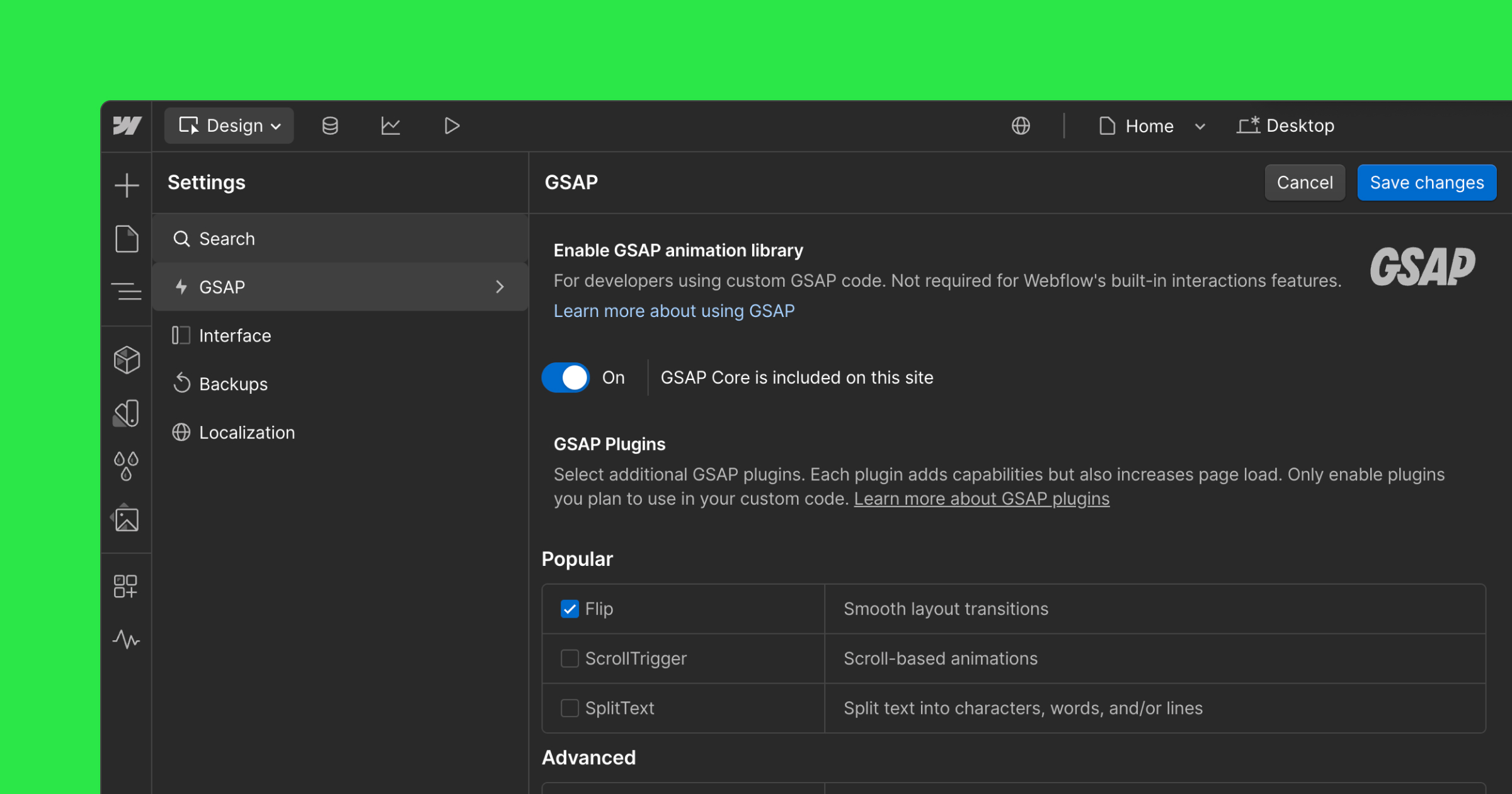 Screenshot of Webflow's GSAP animation settings panel, showing options to enable the GSAP animation library. The interface displays that GSAP Core is enabled on the site, with a section for GSAP Plugins where users can select additional animation capabilities. The