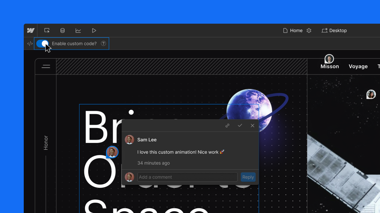 Screenshot of a Webflow editor interface with a space-themed website design. The interface shows a toggle for