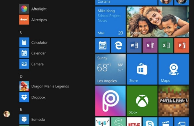 A menu from the Windows 10 operating system. It is an iconic example of flat design.